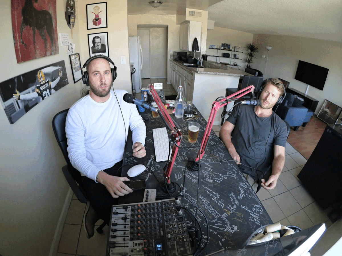 Animated GIF of Glen Powell acting podcast